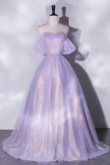 Purple Sequins Long A-Line Corset Prom Dress, Off the Shoulder Evening Party Dress Outfits, Formal Dresses For Teens