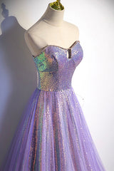 Purple Sequins Long A-Line Corset Prom Dress, Purple Strapless Evening Graduation Dress outfits, Formal Dress Lace