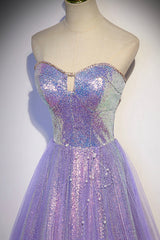 Purple Sequins Long A-Line Corset Prom Dress, Purple Strapless Evening Graduation Dress outfits, Formal Dresses Ballgown