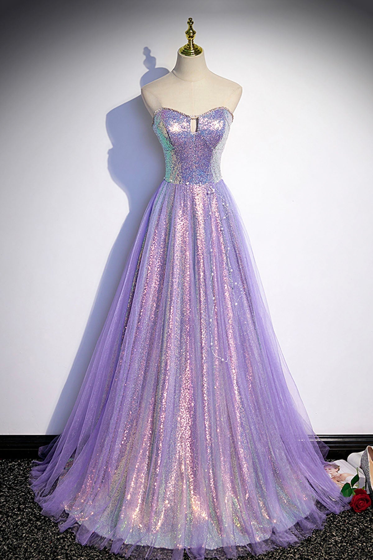 Purple Sequins Long A-Line Corset Prom Dress, Purple Strapless Evening Graduation Dress outfits, Formal Dresses Classy Elegant