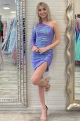 Purple Sequins One Shoulder Short Corset Homecoming Dress with Slit Gowns, Purple Sequins One Shoulder Short Homecoming Dress with Slit