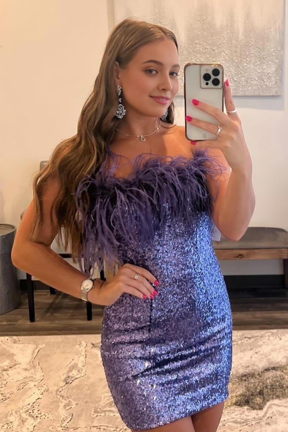 Purple Sparkly Tight Sequins Corset Homecoming Dress with Feathers outfit, Purple Sparkly Tight Sequins Homecoming Dress with Feathers