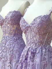 Purple sweetheart neck lace long Corset Prom dress, lace Corset Formal graduation dress outfits, Prom Dresses For 2025