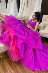 Purple Tiered Tulle A-Line Corset Prom Dress outfits, Purple Tiered Tulle A-Line Prom Dress