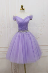 Purple Tulle Beaded Short Corset Prom Dress, Off Shoulder Party Dress Outfits, Party Dress Code Ideas