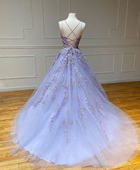 Purple Tulle Lace Long Corset Prom Gown, Lace Tulle Purple Graduation Dresses outfit, Prom Dress With Sleeves