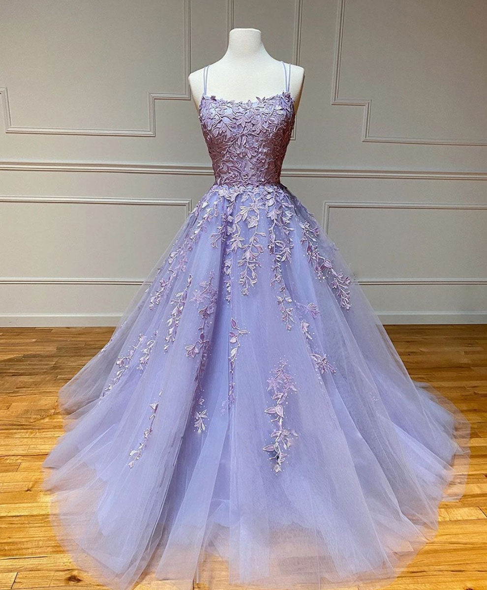 Purple Tulle Lace Long Corset Prom Gown, Lace Tulle Purple Graduation Dresses outfit, Prom Dresses With Sleeve