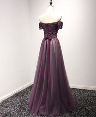 Purple Tulle Lace Off Shoulder Long Corset Prom Dress, Purple Evening Dress outfit, Evening Dress Elegant Classy