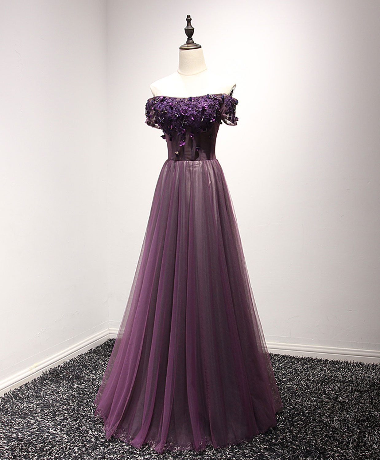 Purple Tulle Lace Off Shoulder Long Corset Prom Dress, Purple Evening Dress outfit, Evening Dress Short