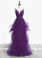Purple Tulle Layers with Lace Long Evening Dresses, Purple Corset Prom Dress Party Dresses outfit, Prom Dressed 2025