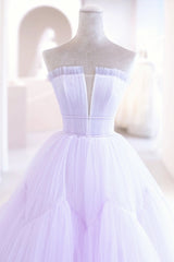 Purple Tulle Long A-Line Corset Prom Dress, A-Line Strapless Evening Gown outfits, Prom Dresses Pink