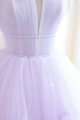 Purple Tulle Long A-Line Corset Prom Dress, A-Line Strapless Evening Gown outfits, Prom Dresses Designer