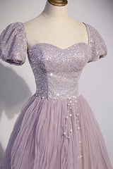 Purple Tulle Long A-Line Corset Prom Dress, Purple Short Sleeve Evening Party Dress Outfits, Cute Summer Dress