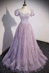 Purple Tulle Long A-Line Corset Prom Dress, Purple Short Sleeve Evening Party Dress Outfits, On Shoulder Dress