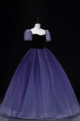 Purple Tulle Long A-Line Corset Prom Dress, Purple Short Sleeve Princess Dress Gowns, Evening Dress V Neck