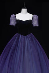 Purple Tulle Long A-Line Corset Prom Dress, Purple Short Sleeve Princess Dress Gowns, Evening Dresses V Neck