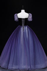 Purple Tulle Long A-Line Corset Prom Dress, Purple Short Sleeve Princess Dress Gowns, Evening Dresses Mermaid