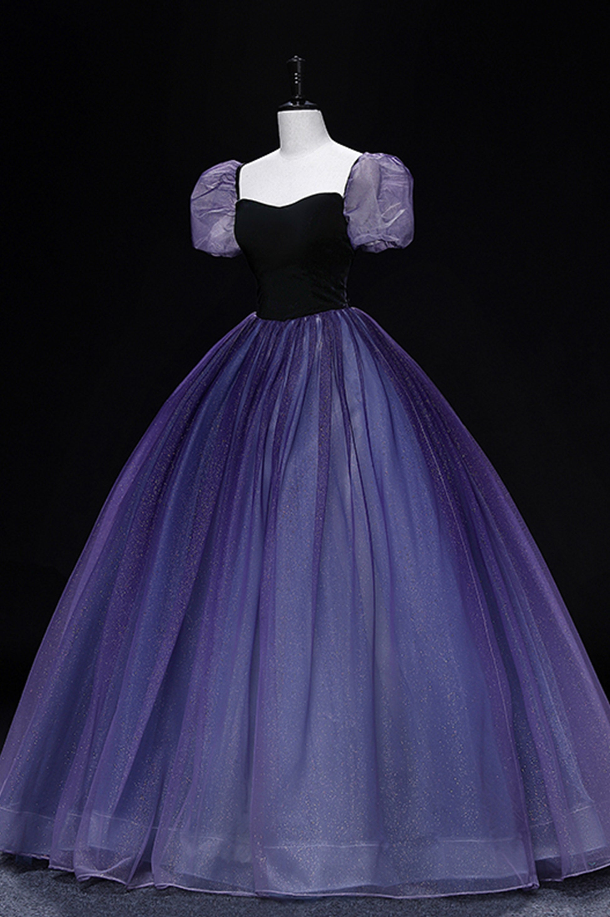 Purple Tulle Long A-Line Corset Prom Dress, Purple Short Sleeve Princess Dress Gowns, Evening Dresses Prom Long