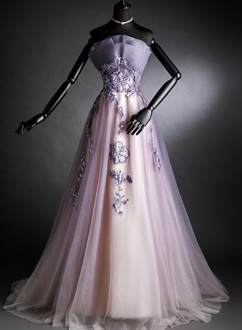 Purple Tulle Long Gradient Party Dress with Flower Lace Applique, Light Purple Corset Prom Dresses outfit, Bridesmaid Dress Style