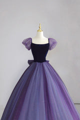 Purple Tulle Long Corset Prom Dress with Velvet, Cute A-Line Short Sleeve Evening Dress outfit, Bridesmaid Dresses For Girls