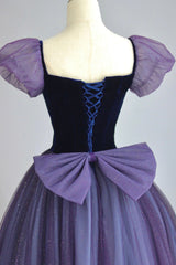 Purple Tulle Long Corset Prom Dress with Velvet, Cute A-Line Short Sleeve Evening Dress outfit, Bridesmaids Dress Red