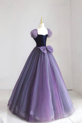 Purple Tulle Long Corset Prom Dress with Velvet, Cute A-Line Short Sleeve Evening Dress outfit, Bridesmaid Dress Red