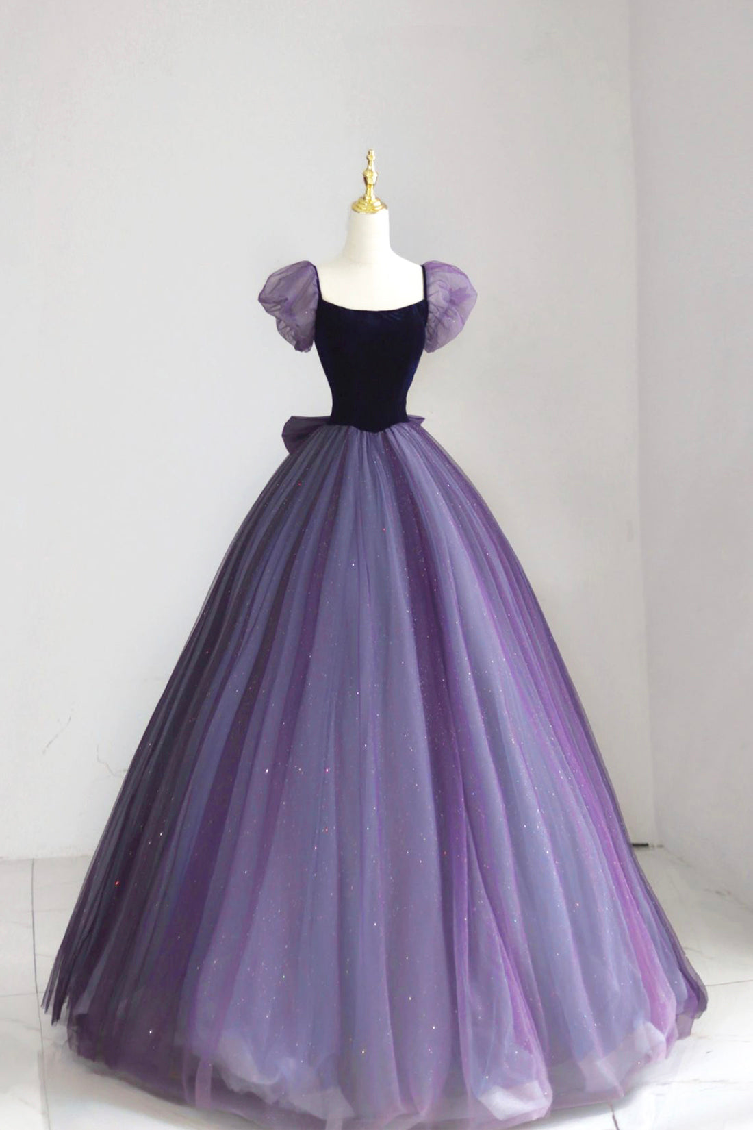 Purple Tulle Long Corset Prom Dress with Velvet, Cute A-Line Short Sleeve Evening Dress outfit, Bridesmaid Dress For Girls