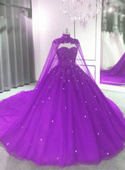 Purple Tulle Quinceanera Dress Lace Applique Beaded Cape, Purple Corset Formal Dress Party Dress Outfits, Bridesmaid Dresses Long Sleeves