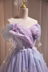 Purple Tulle Short Party Dress, Cute A-Line Off Shoulder Corset Prom Dress outfits, Floral Dress