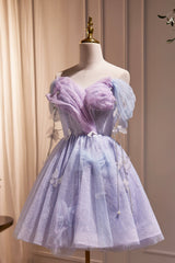 Purple Tulle Short Party Dress, Cute A-Line Off Shoulder Corset Prom Dress outfits, Yellow Prom Dress