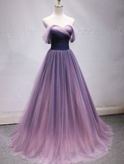 Purple Tulle Sweetheart Gradient Off Shoulder Long Party Dress, A-line Tulle Corset Prom Dress Party Dress Outfits, Bridesmaid Dresses For Girls
