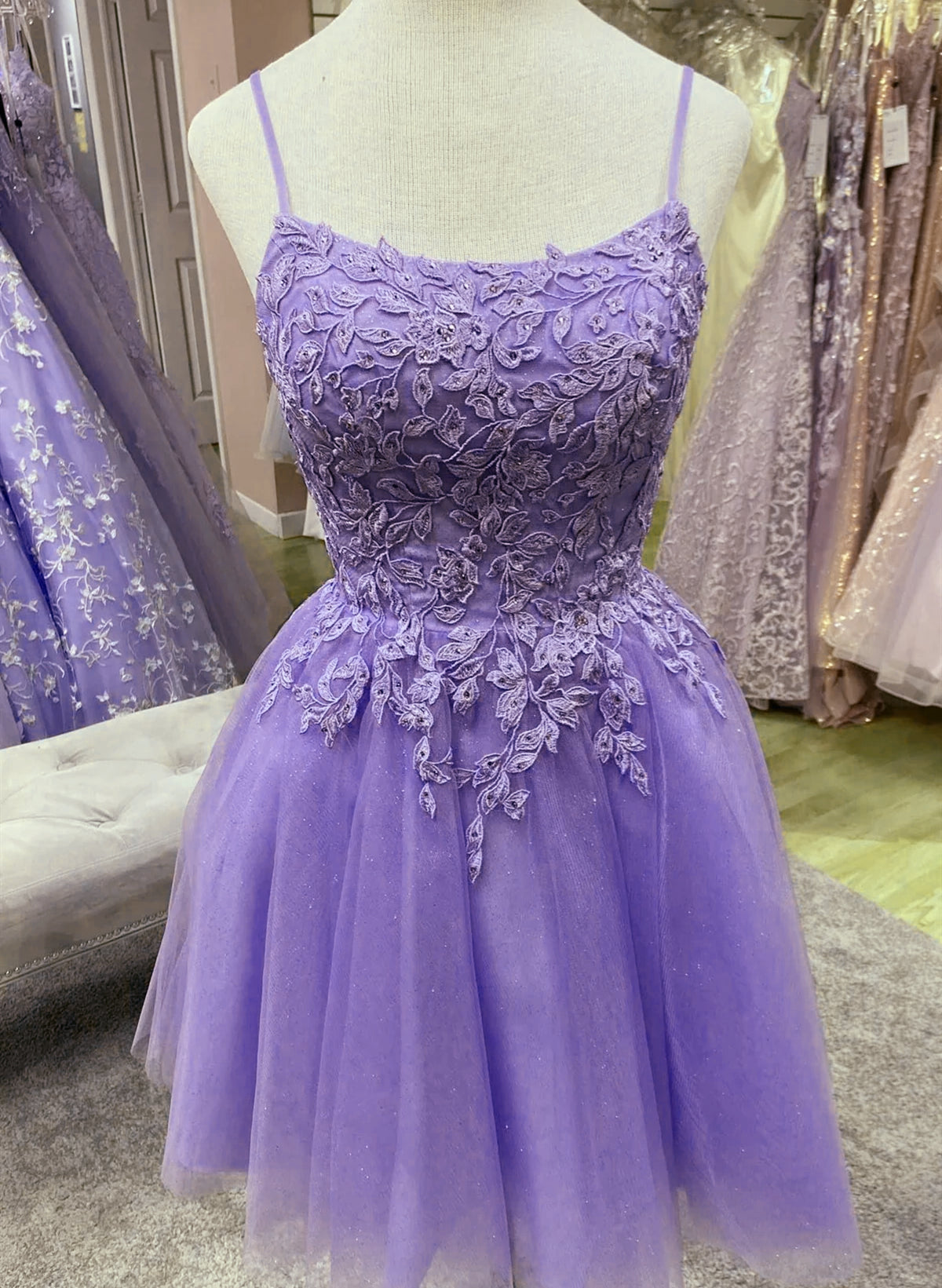 Purple Tulle with Lace Short Straps Corset Homecoming Dress, Purple Short Corset Prom Dress outfits, Bridesmaid Dresses Sales