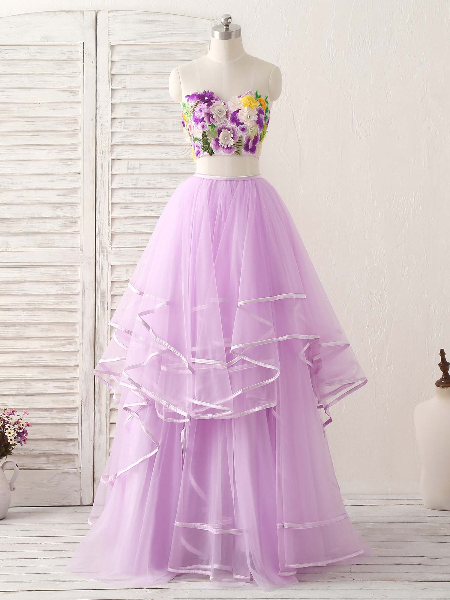 Purple Two Pieces Applique Tulle Long Corset Prom Dress Purple Evening Dress outfit, Formal Dresses Vintage