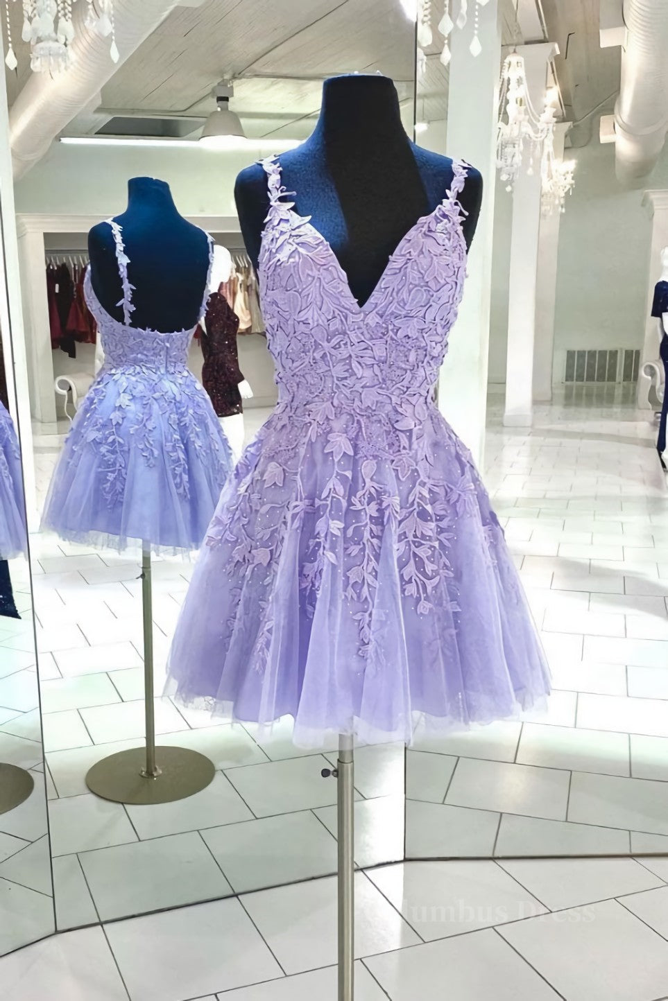 Purple v neck tulle lace short Corset Prom dress lace cocktail dress outfit, Prom Dresses Elegent