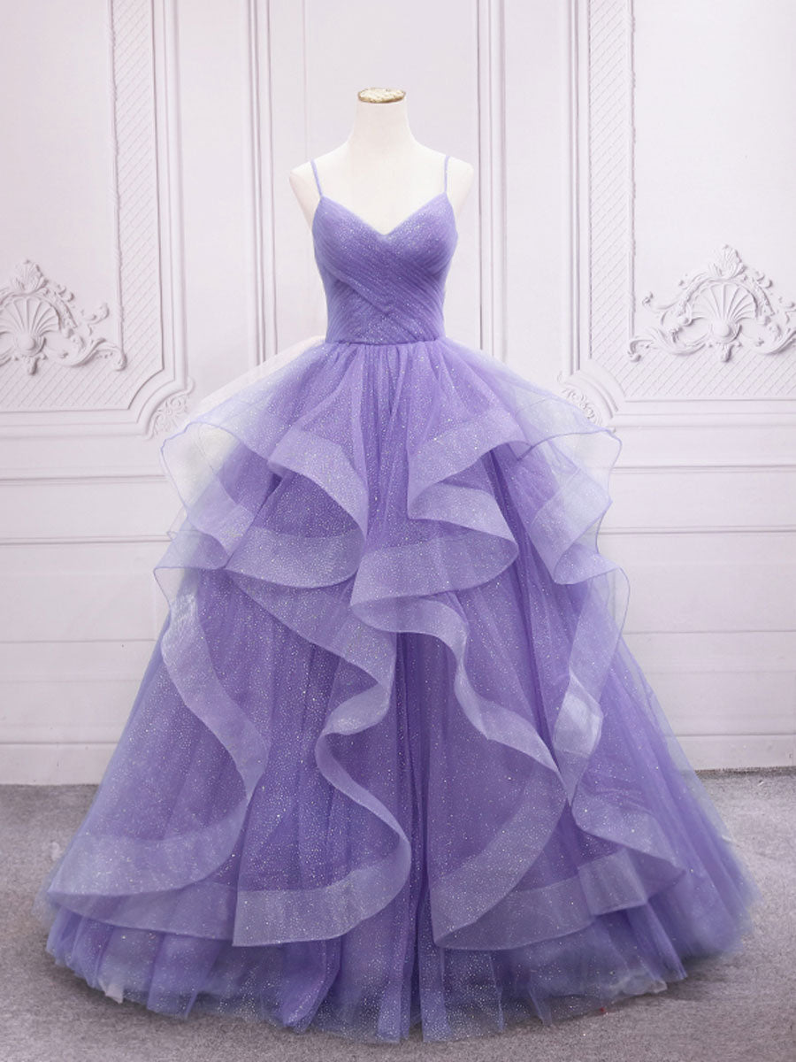 Purple v neck Tulle Long Corset Prom Dress, Purple Sweet 16 Dress outfit, Bridesmaid Dress Mauve