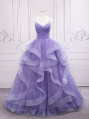 Purple v neck Tulle Long Corset Prom Dress, Purple Sweet 16 Dress outfit, Bridesmaid Dress Mauve