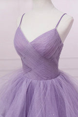 Purple V-Neck Tulle Long Corset Prom Dress, Spaghetti Straps A-Line Evening Dress outfit, Maxi Dress Outfit