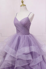 Purple V-Neck Tulle Long Corset Prom Dress, Spaghetti Straps A-Line Evening Dress outfit, Dress Short