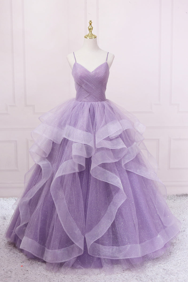 Purple V-Neck Tulle Long Corset Prom Dress, Spaghetti Straps A-Line Evening Dress outfit, Women Dress