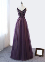 Purple V-neckline Tulle Lace Applique Party Dress, Purple Corset Formal Dress Corset Prom Dress outfits, Sequin Dress