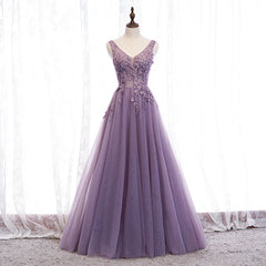 Purple V-neckline Tulle with Lace Floor Length Party Dress Evening Dress,Purple Corset Prom Dress outfits, Prom Dresses Boutique