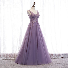 Purple V-neckline Tulle with Lace Floor Length Party Dress Evening Dress,Purple Corset Prom Dress outfits, Prom Dress Boutiques