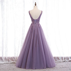 Purple V-neckline Tulle with Lace Floor Length Party Dress Evening Dress,Purple Corset Prom Dress outfits, Prom Dress Boutique