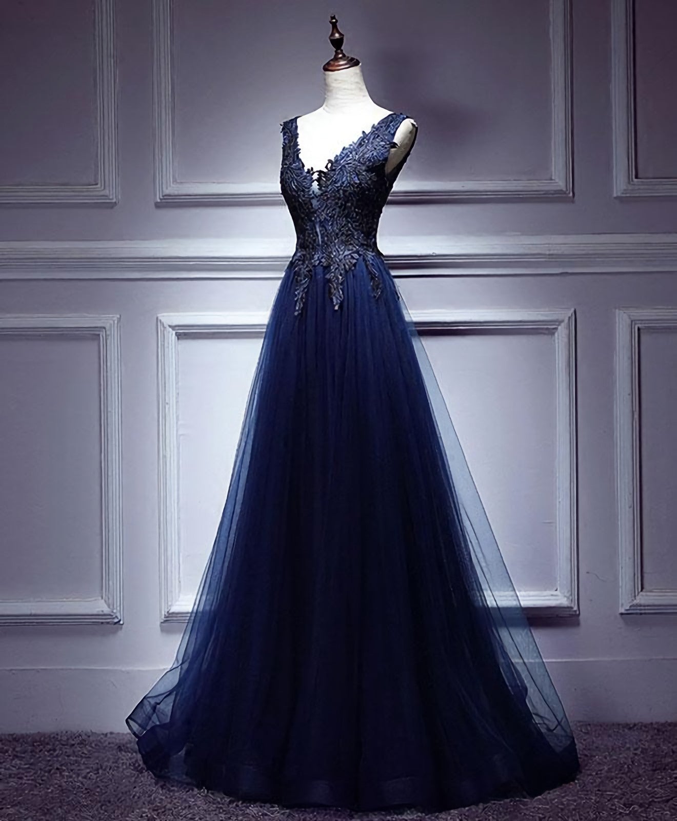 Dark Blue Lace V Neck Long Corset Prom Dress, Lace Evening Dress outfit, Evening Dresses On Sale