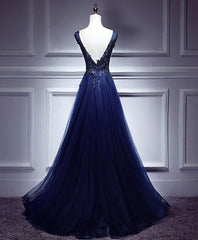 Dark Blue Lace V Neck Long Corset Prom Dress, Lace Evening Dress outfit, Evening Dresses Cheap
