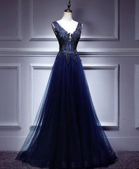 Dark Blue Lace V Neck Long Corset Prom Dress, Lace Evening Dress outfit, Evening Dresses Online
