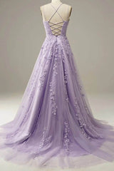 Light Purple Lace Applique A Line Spaghetti Straps Corset Prom Dress Evening Gown outfits, Party Dress Set