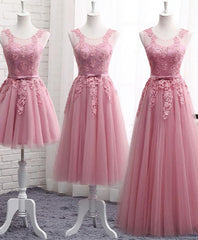 Pink Round Neck Lace Tulle Corset Prom Dress, Lace Evening Dresses outfit, Homecoming Dresses Short