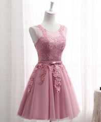 Pink Round Neck Lace Tulle Corset Prom Dress, Lace Evening Dresses outfit, Homecoming Dresses 2038