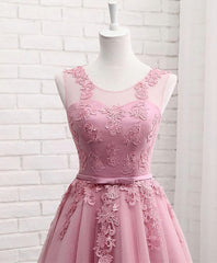 Pink Round Neck Lace Tulle Corset Prom Dress, Lace Evening Dresses outfit, Homecoming Dress Online
